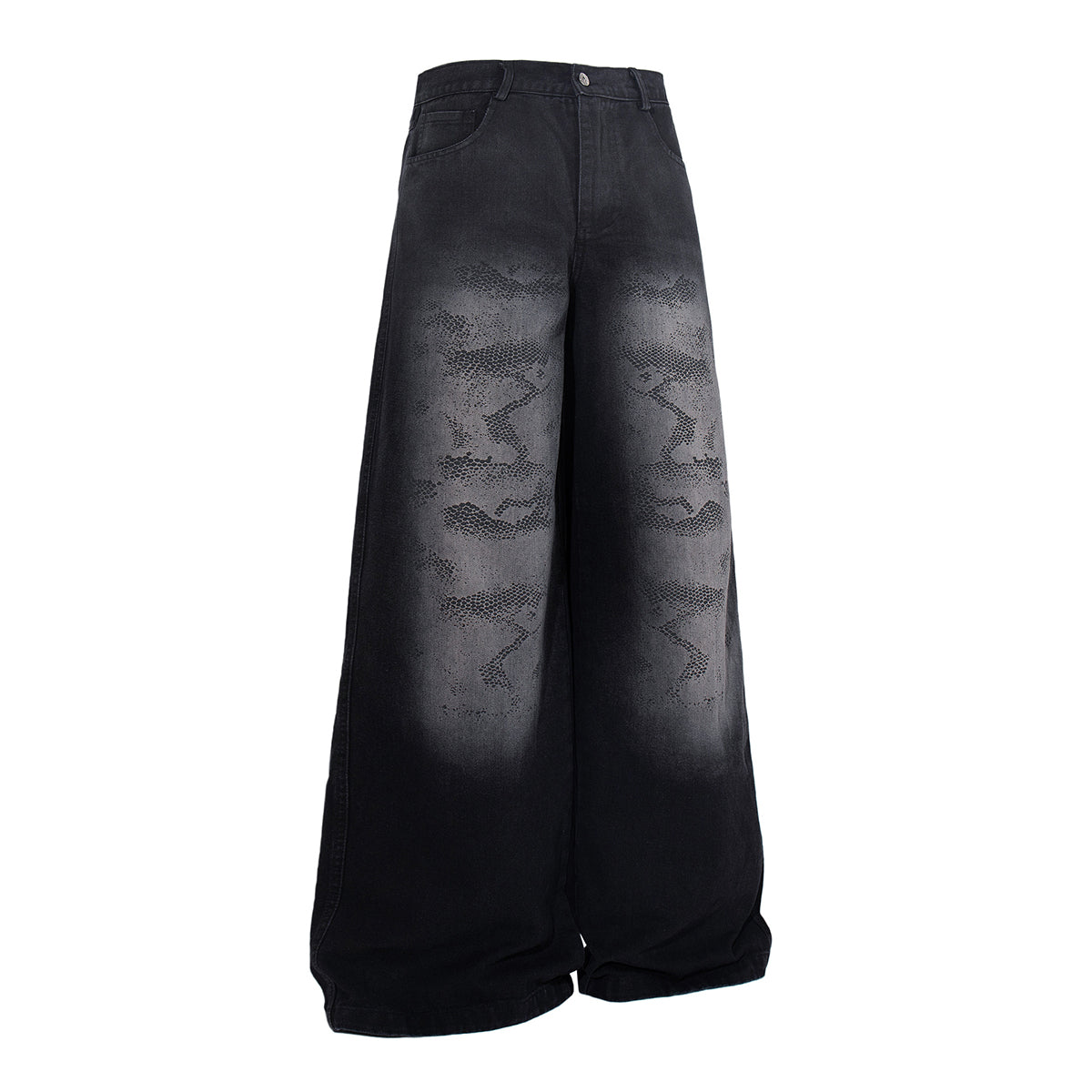 Black Wide Leg Jeans Snake Print Faded Detailing