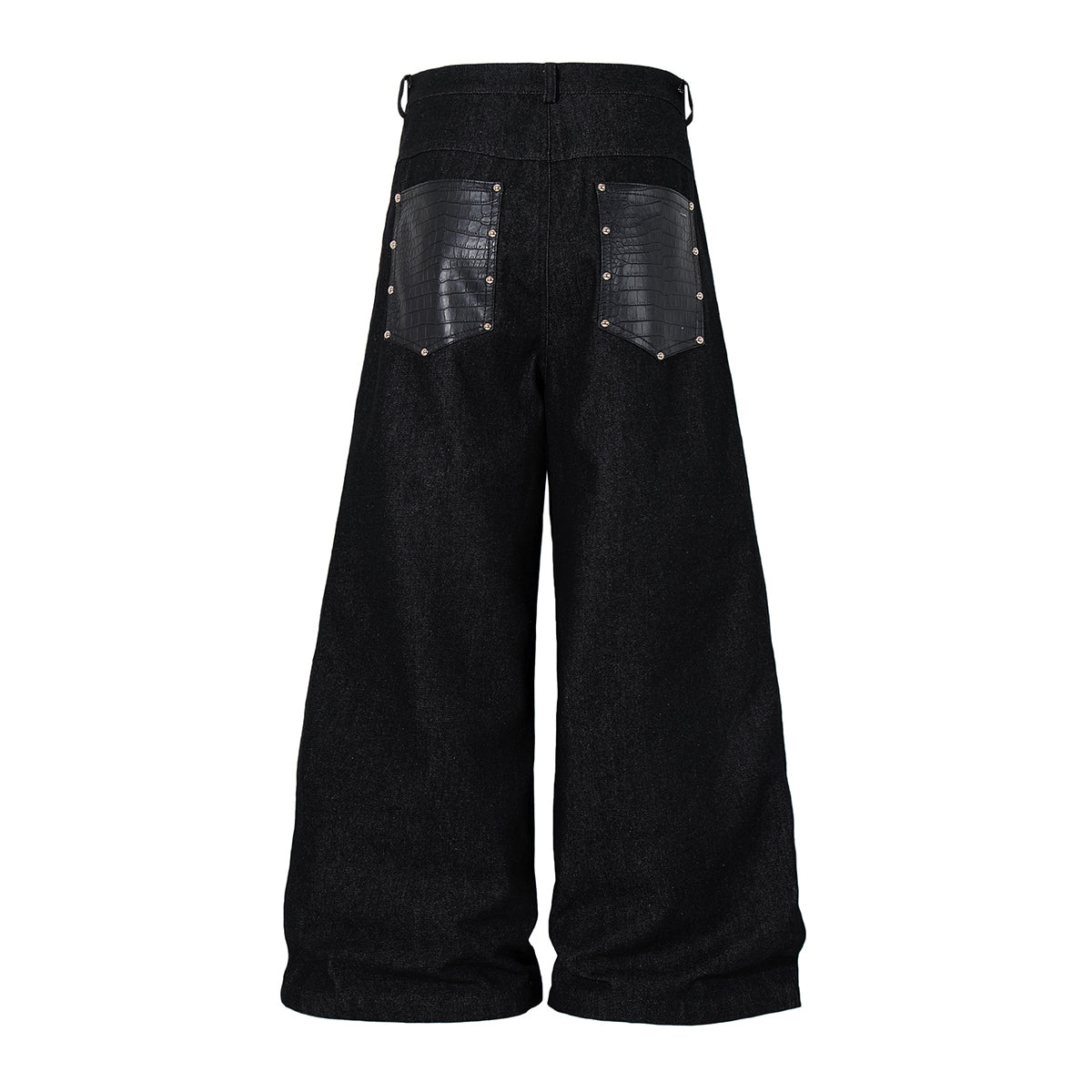Croc Textured Panels Edgy Black Denim Wide Leg Jeans