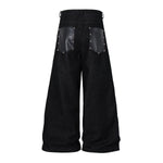 Croc Textured Panels Edgy Black Denim Wide Leg Jeans