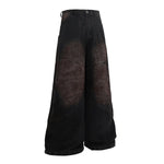 Artistic Brown Fade Geometric Stitching Black Denim Wide Leg Jeans