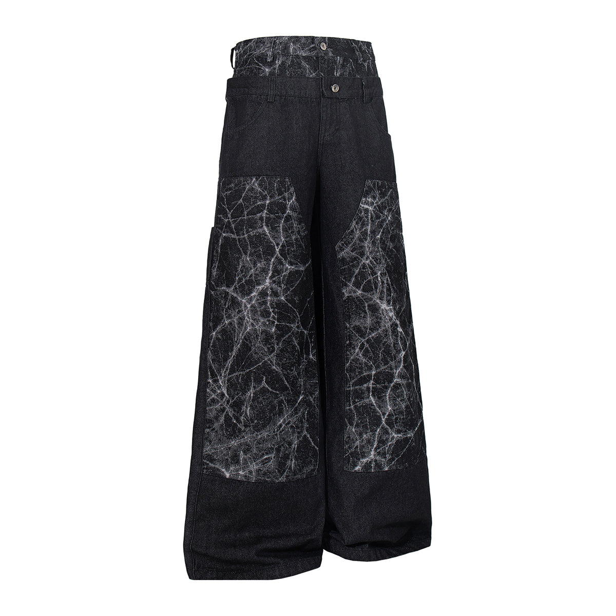 Marble Pattern Panels Black Wide Leg Painter Pants