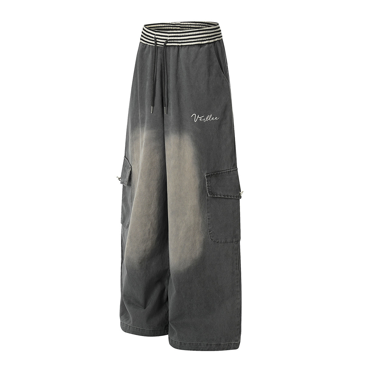 Casual Wide Leg Cargo Pants Striped Elastic Waistband