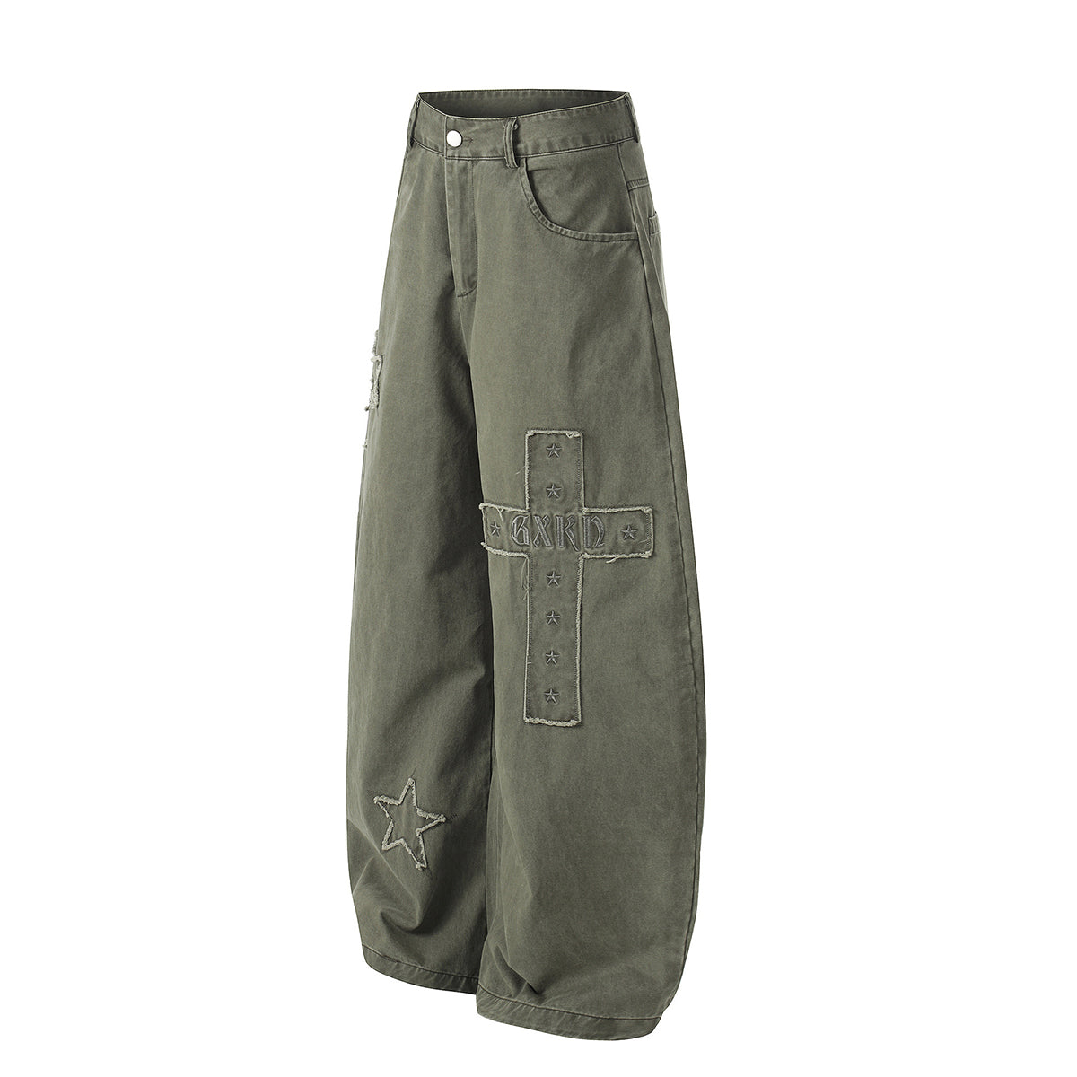 Olive Wide Leg Pants Star Cross Embroidery Details