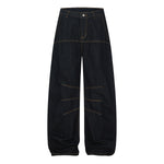 Premium Raw Denim Panel Stitch Wide-Leg Jeans