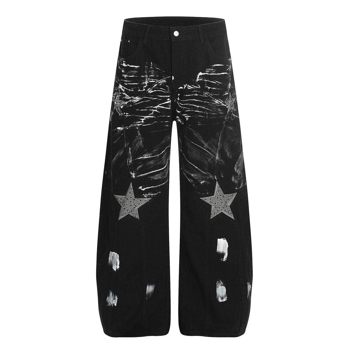 Painted Distress Black Wide Leg Star Patch Jeans