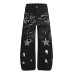 Painted Distress Black Wide Leg Star Patch Jeans