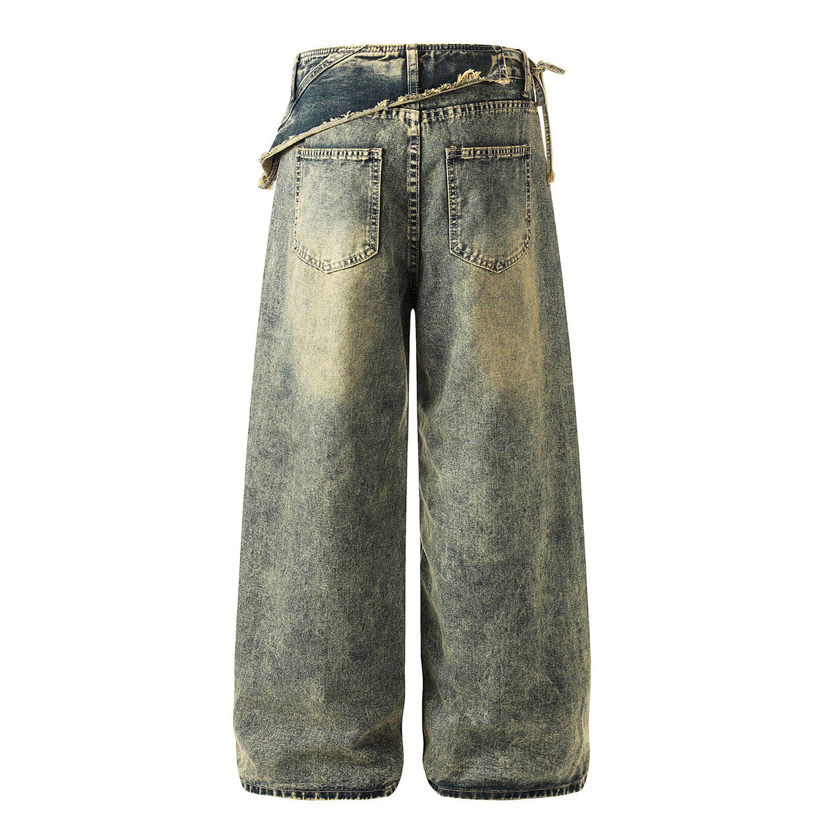 Distressed Wide Leg Denim Pants Asymmetrical Layered Waist