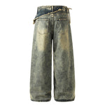 Distressed Wide Leg Denim Pants Asymmetrical Layered Waist