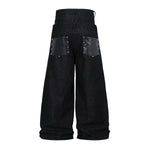 Faux Leather Accent High Waisted Wide Leg Denim Trousers