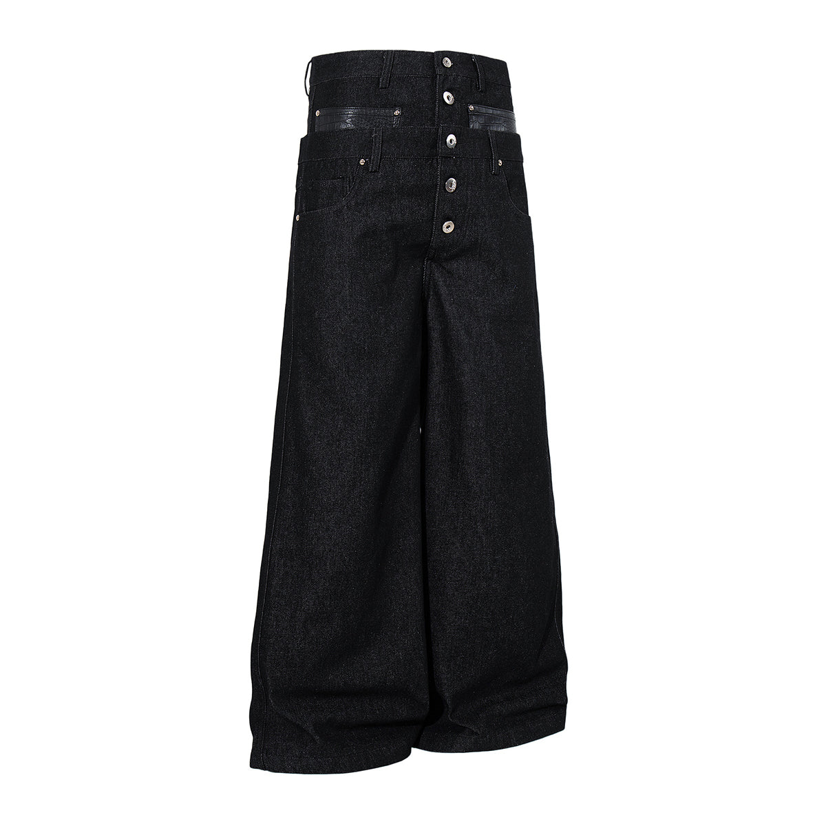 Faux Leather Accent High Waisted Wide Leg Denim Trousers