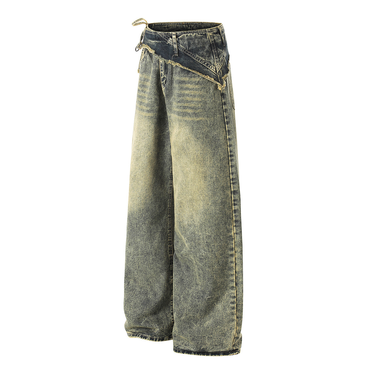 Distressed Wide Leg Denim Pants Asymmetrical Layered Waist