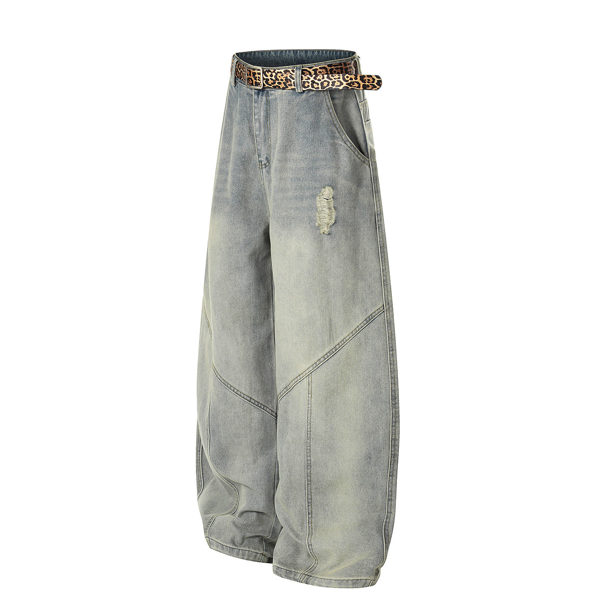 Leopard Print Belt Vintage Wide Leg Distressed Denim