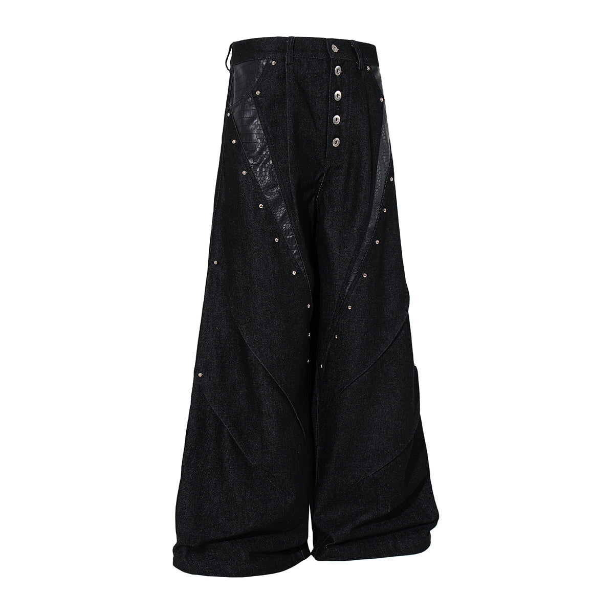 Croc Textured Panels Edgy Black Denim Wide Leg Jeans