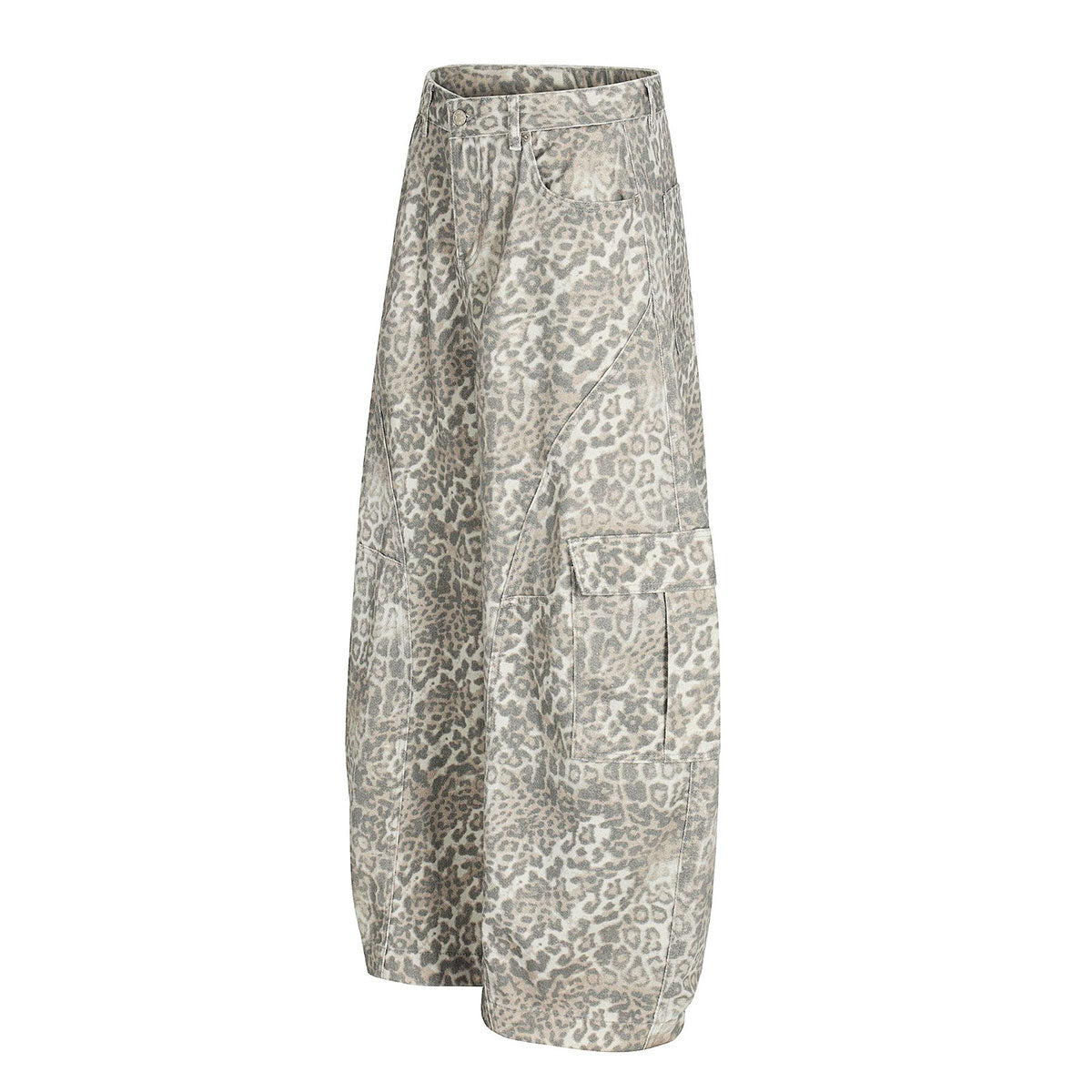 Leopard Print Cargo Wide-Leg Denim Pants