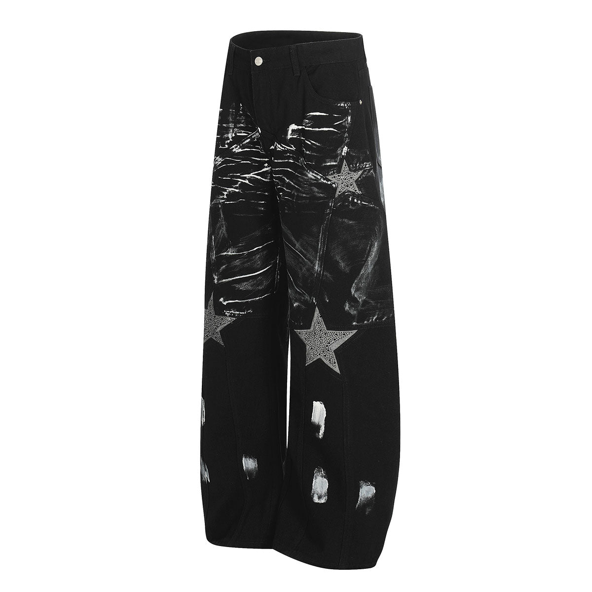 Painted Distress Black Wide Leg Star Patch Jeans