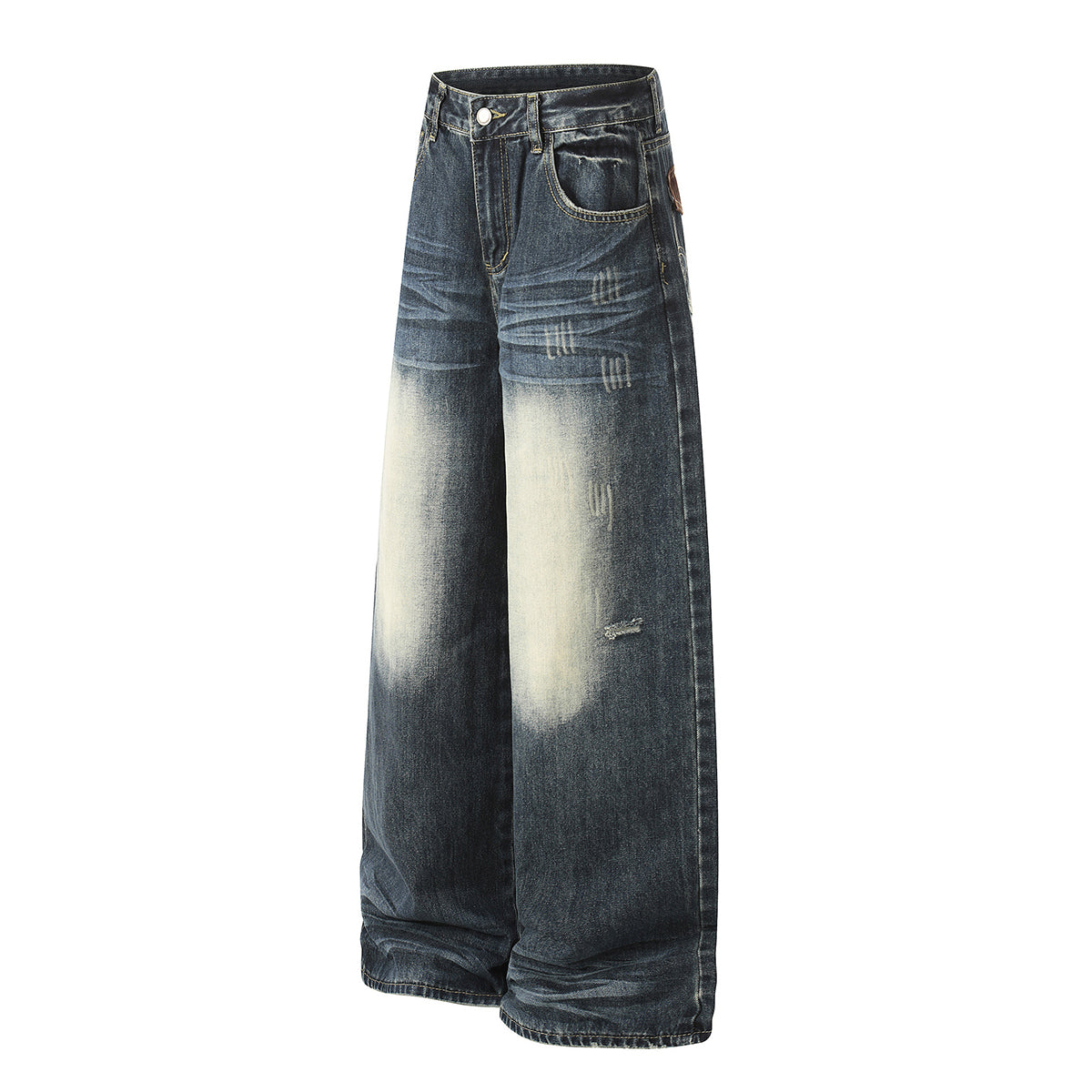 Faded Whisker Detailing Distressed Wide Leg Denim Jeans