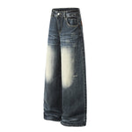 Faded Whisker Detailing Distressed Wide Leg Denim Jeans