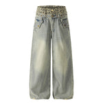 Wide Leg Denim Pants Leopard Print Waistband Stud Accents