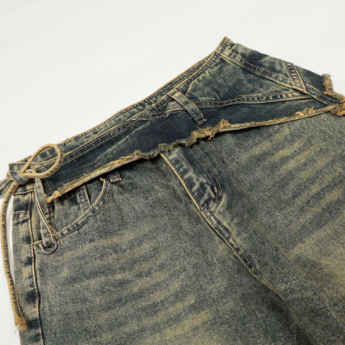 Distressed Wide Leg Denim Pants Asymmetrical Layered Waist