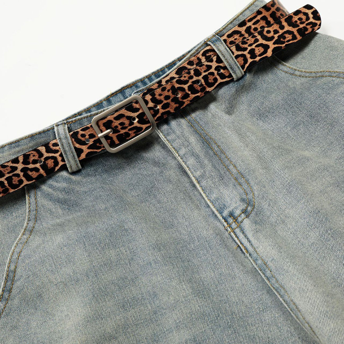 Leopard Print Belt Vintage Wide Leg Distressed Denim