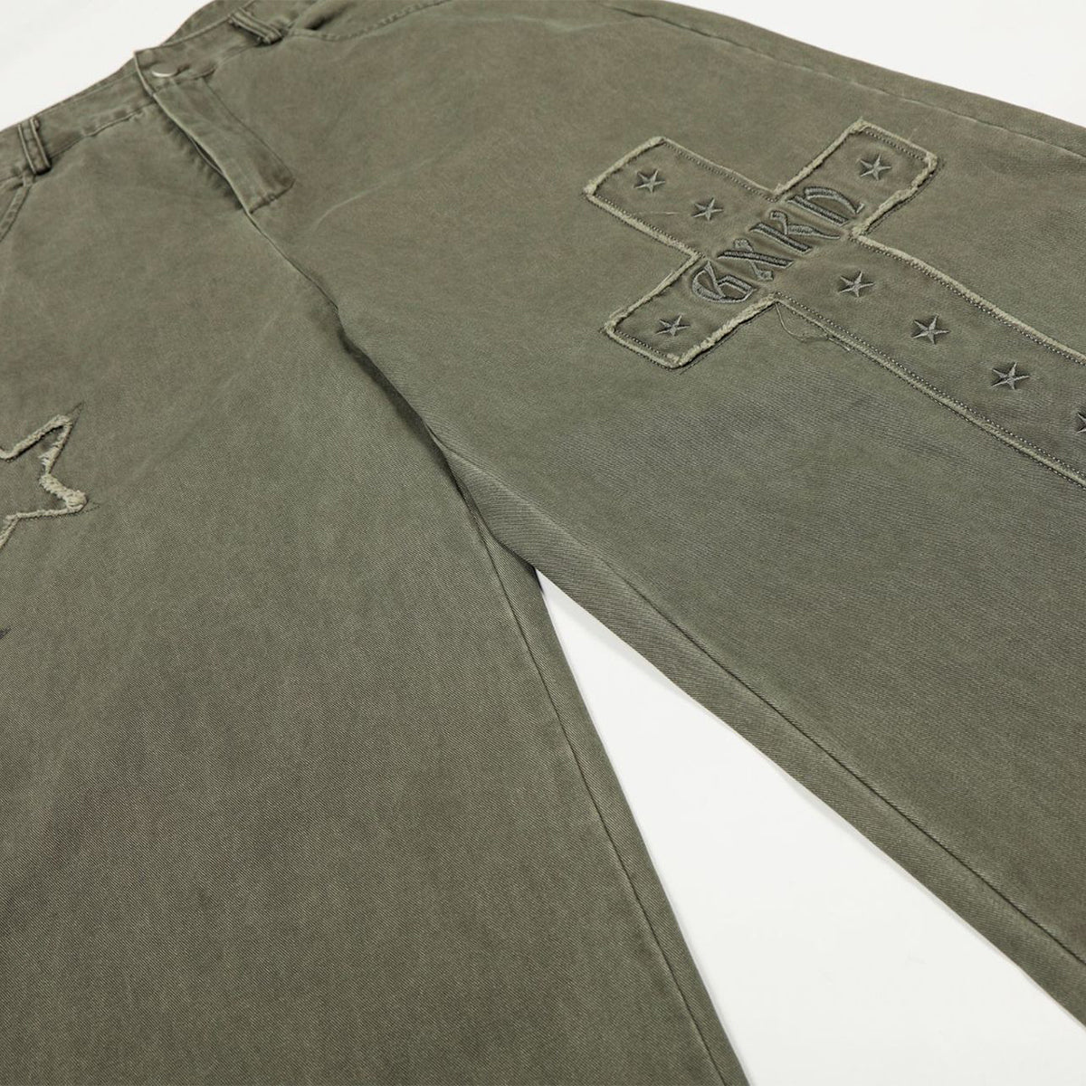 Olive Wide Leg Pants Star Cross Embroidery Details