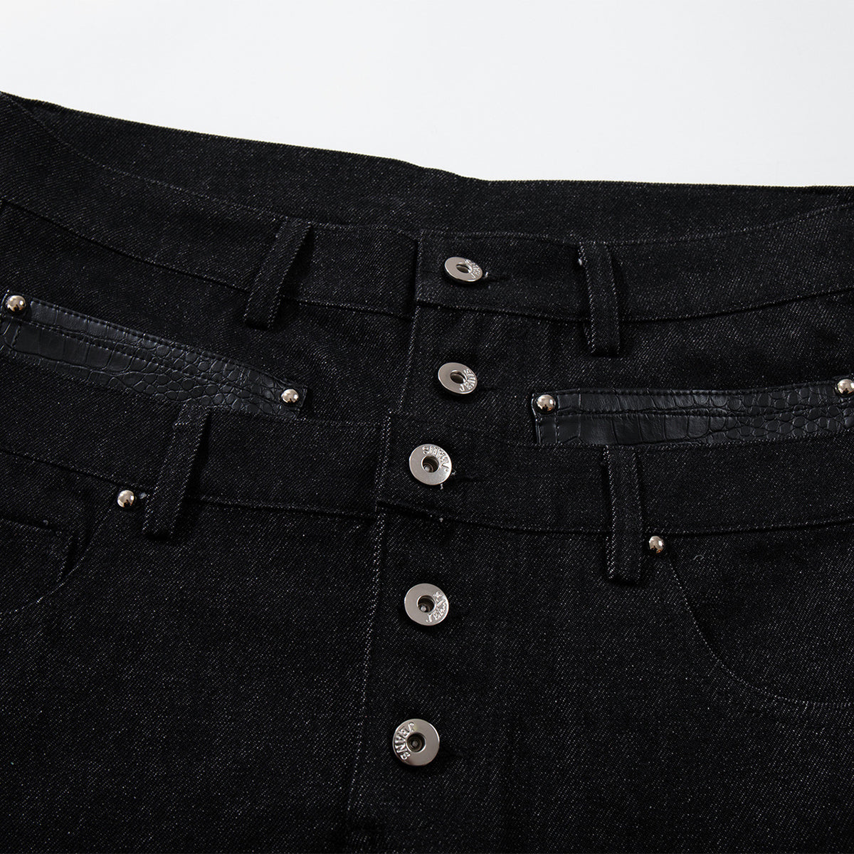 Faux Leather Accent High Waisted Wide Leg Denim Trousers