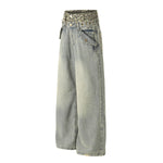 Wide Leg Denim Pants Leopard Print Waistband Stud Accents