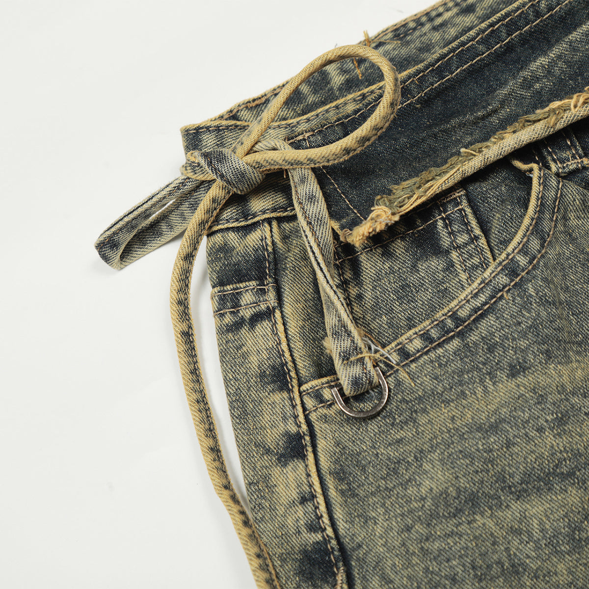 Distressed Wide Leg Denim Pants Asymmetrical Layered Waist