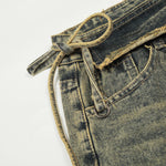 Distressed Wide Leg Denim Pants Asymmetrical Layered Waist