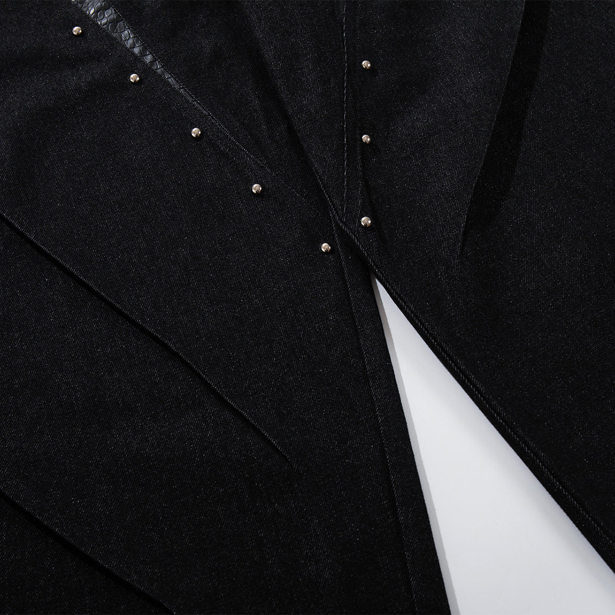 Croc Textured Panels Edgy Black Denim Wide Leg Jeans