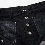 Faux Leather Accent High Waisted Wide Leg Denim Trousers