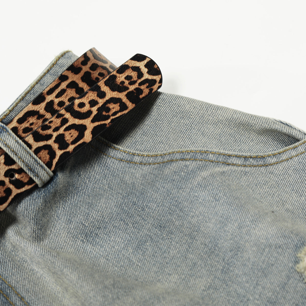 Leopard Print Belt Vintage Wide Leg Distressed Denim