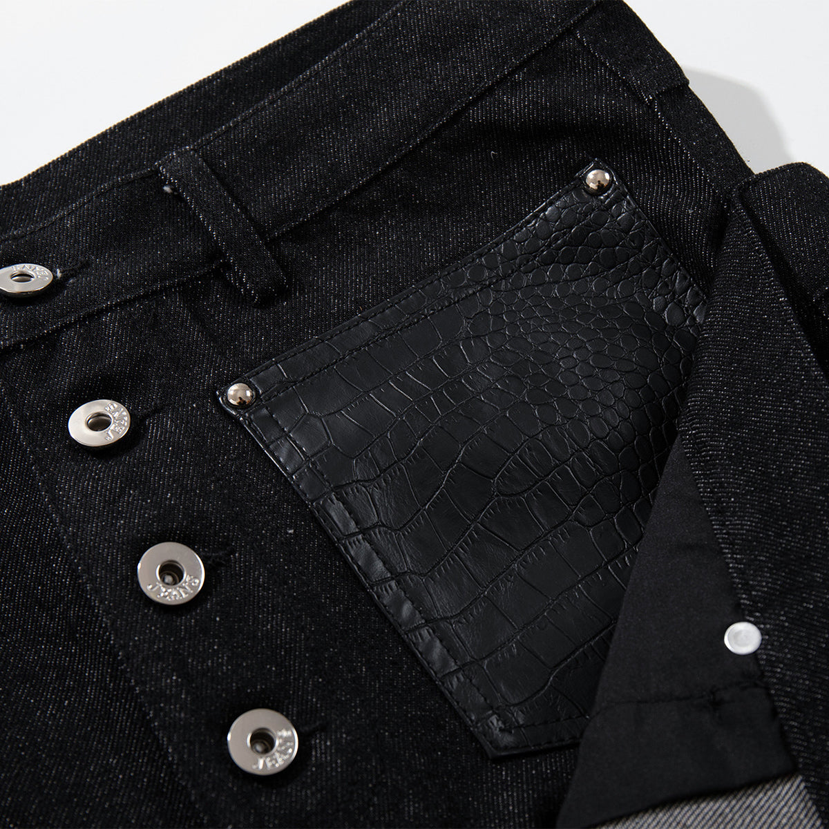 Faux Leather Accent High Waisted Wide Leg Denim Trousers