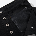 Faux Leather Accent High Waisted Wide Leg Denim Trousers