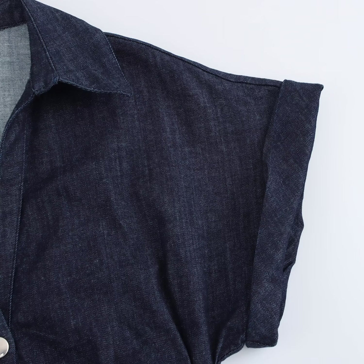 Short-Sleeve Button-Front Denim Midi Dress