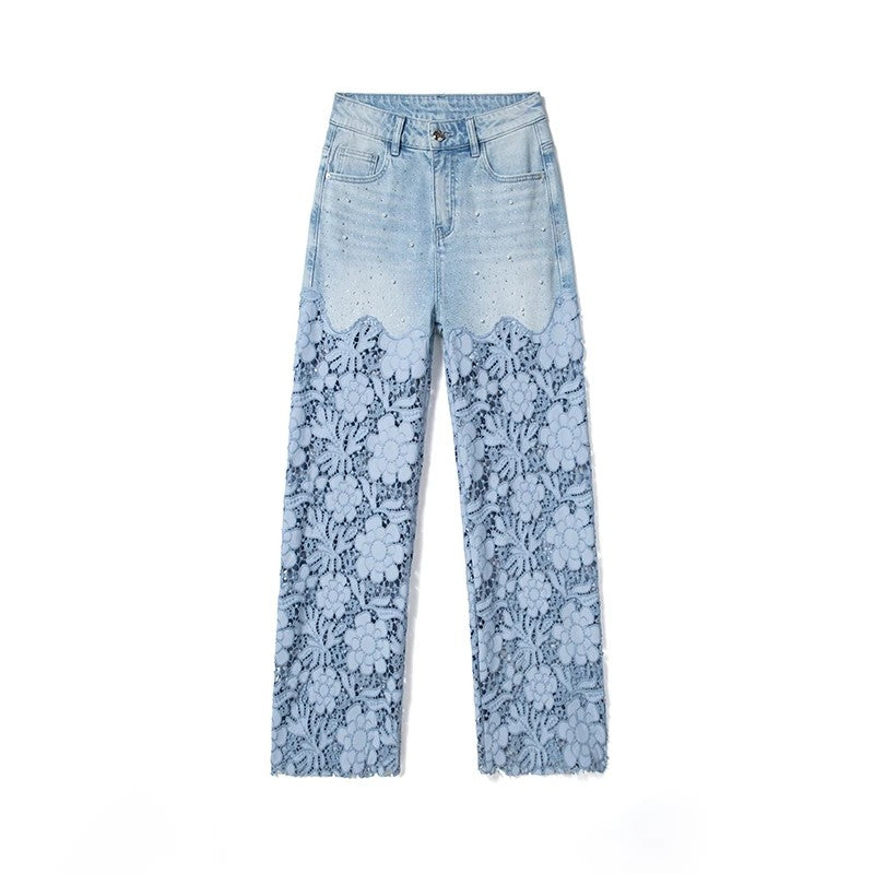 Embroidered Cut-Out Pearl Rhinestone Ankle Jeans