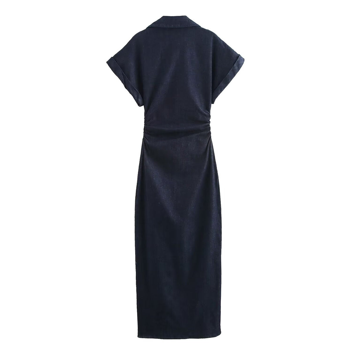 Short-Sleeve Button-Front Denim Midi Dress