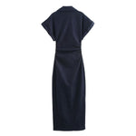 Short-Sleeve Button-Front Denim Midi Dress