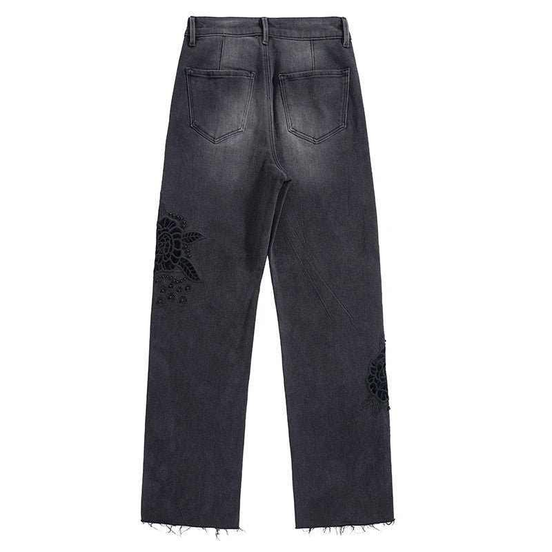 Pearl-Embellished Floral-Embroidered Whisker Jeans