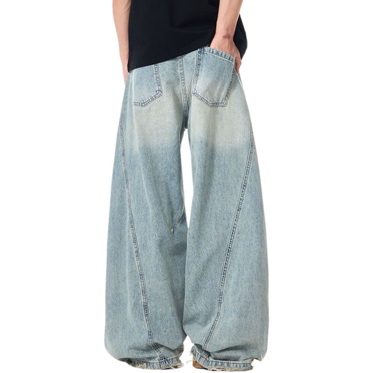 Distressed Raw Hem Barrel-Leg Ripped Jeans