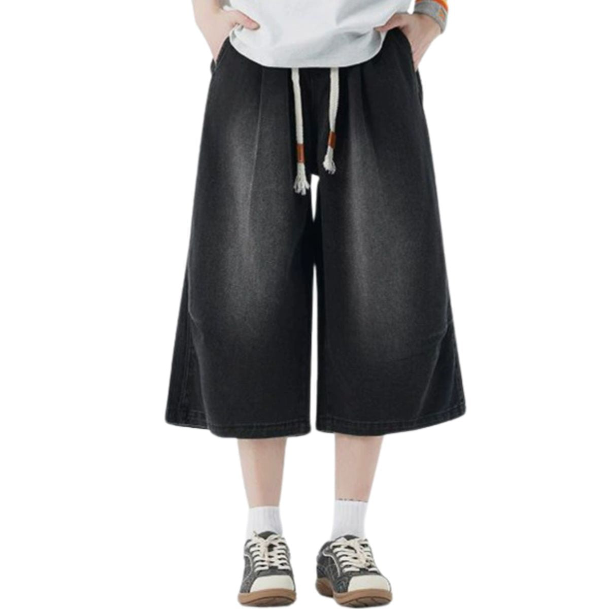 Drawstring Waist Washed Cropped Denim Pants