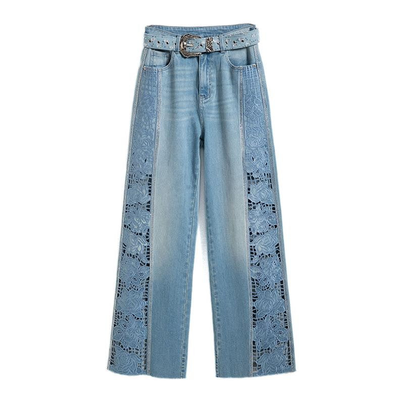 Wide-Leg Rhinestone & Embroidered Cut-Out Jeans