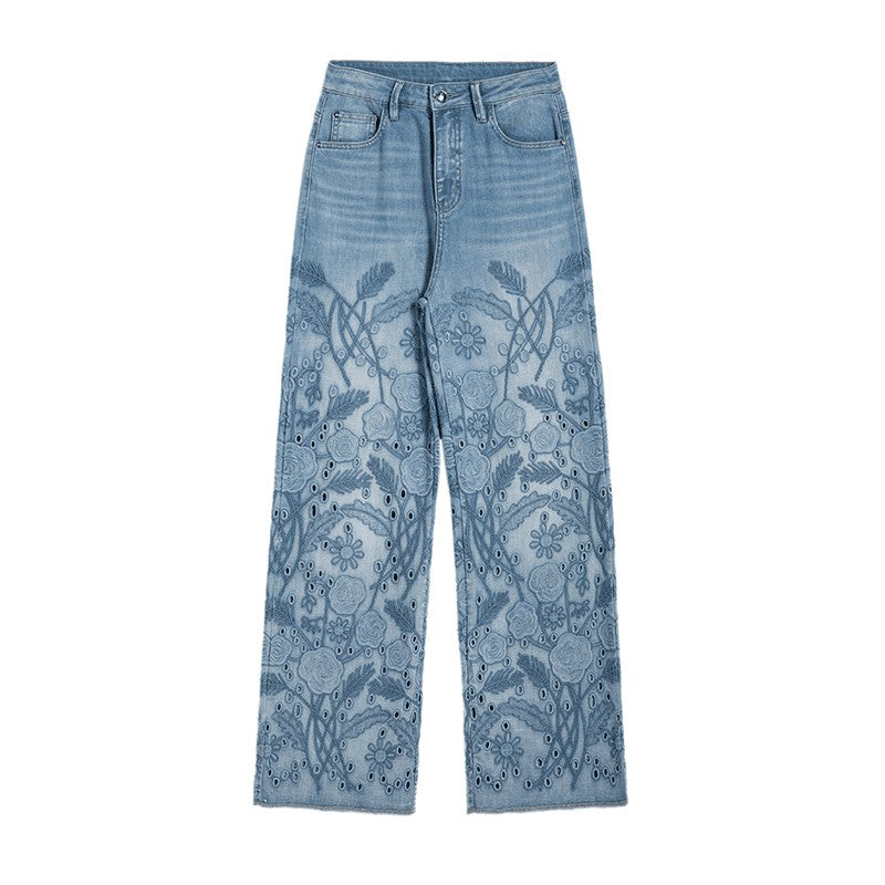 Wide-Leg Rose-Embroidered Cut-Outs Jeans