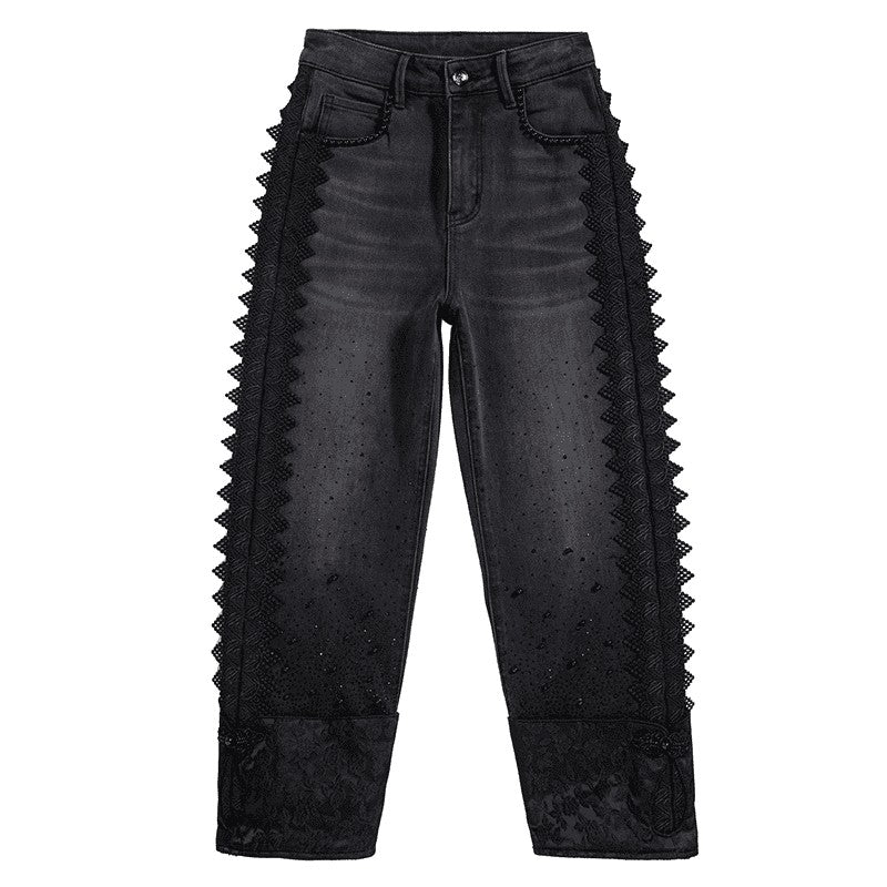 Rhinestones & Pearls Embroidery Patchwork Ankle Jeans