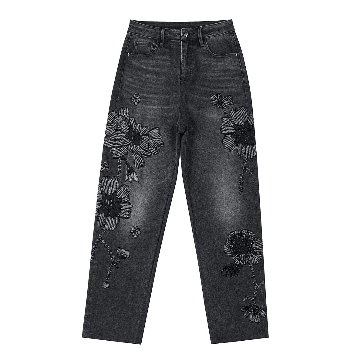 Sequined & Beaded Floral Embroidery Tapered Ankle Jeans