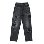 Sequined & Beaded Floral Embroidery Tapered Ankle Jeans