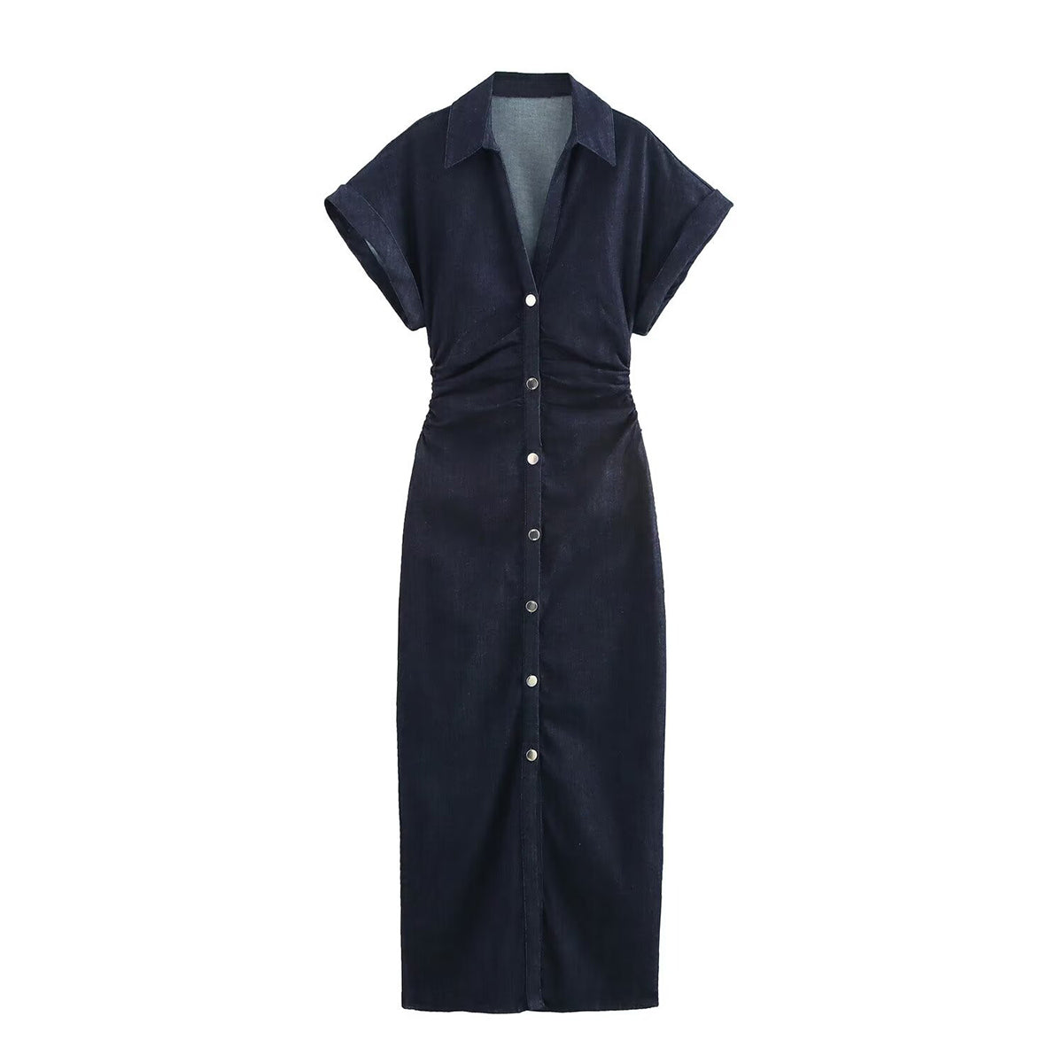 Short-Sleeve Button-Front Denim Midi Dress