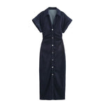 Short-Sleeve Button-Front Denim Midi Dress