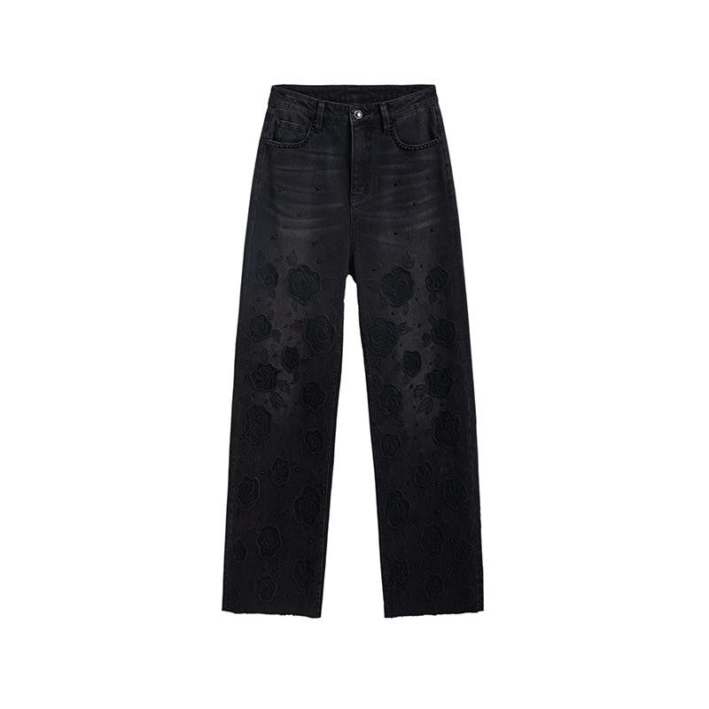 Rose Embroidered Lace-Cut Jeans with Pearl Beading