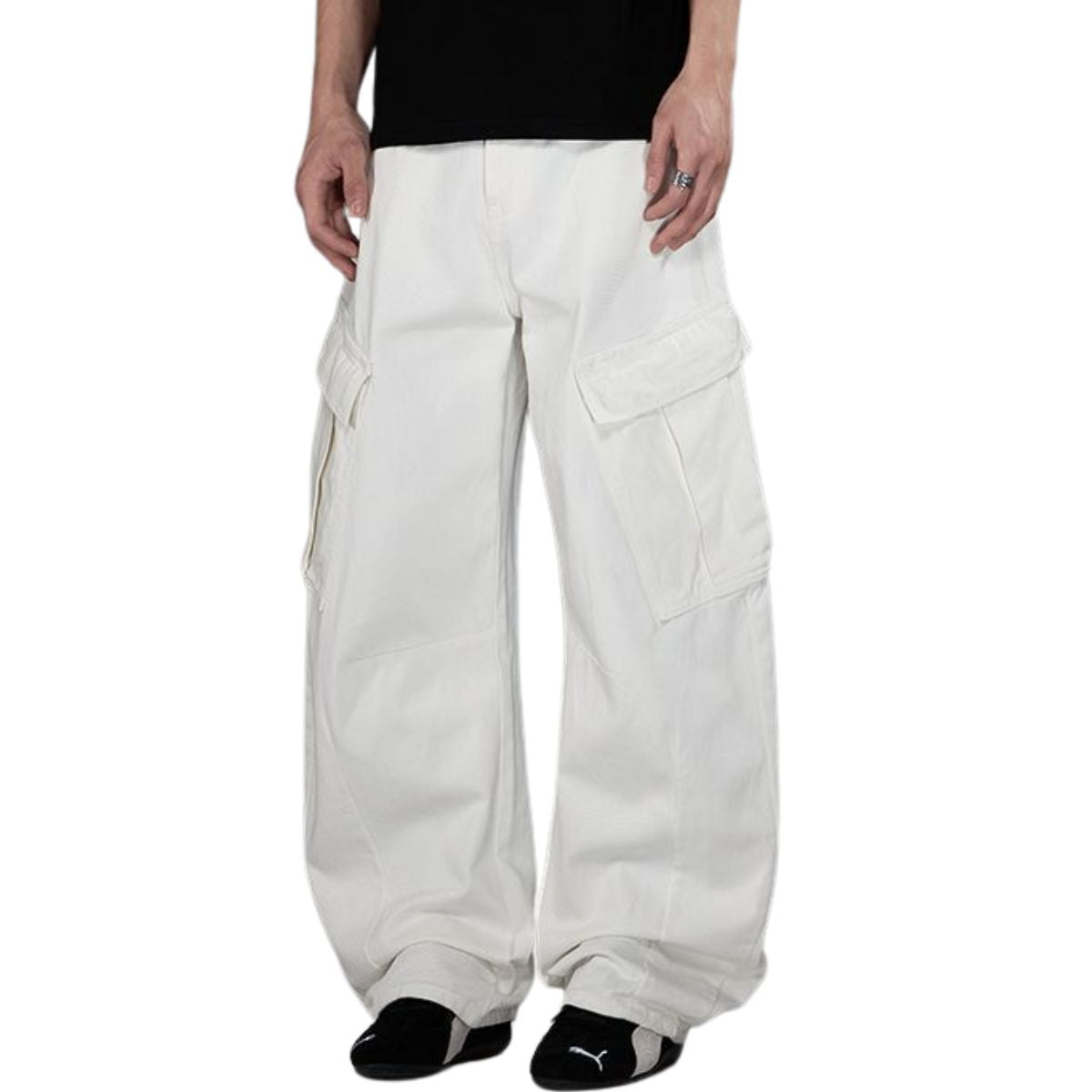White Barrel-Leg Utility Cargo Pants
